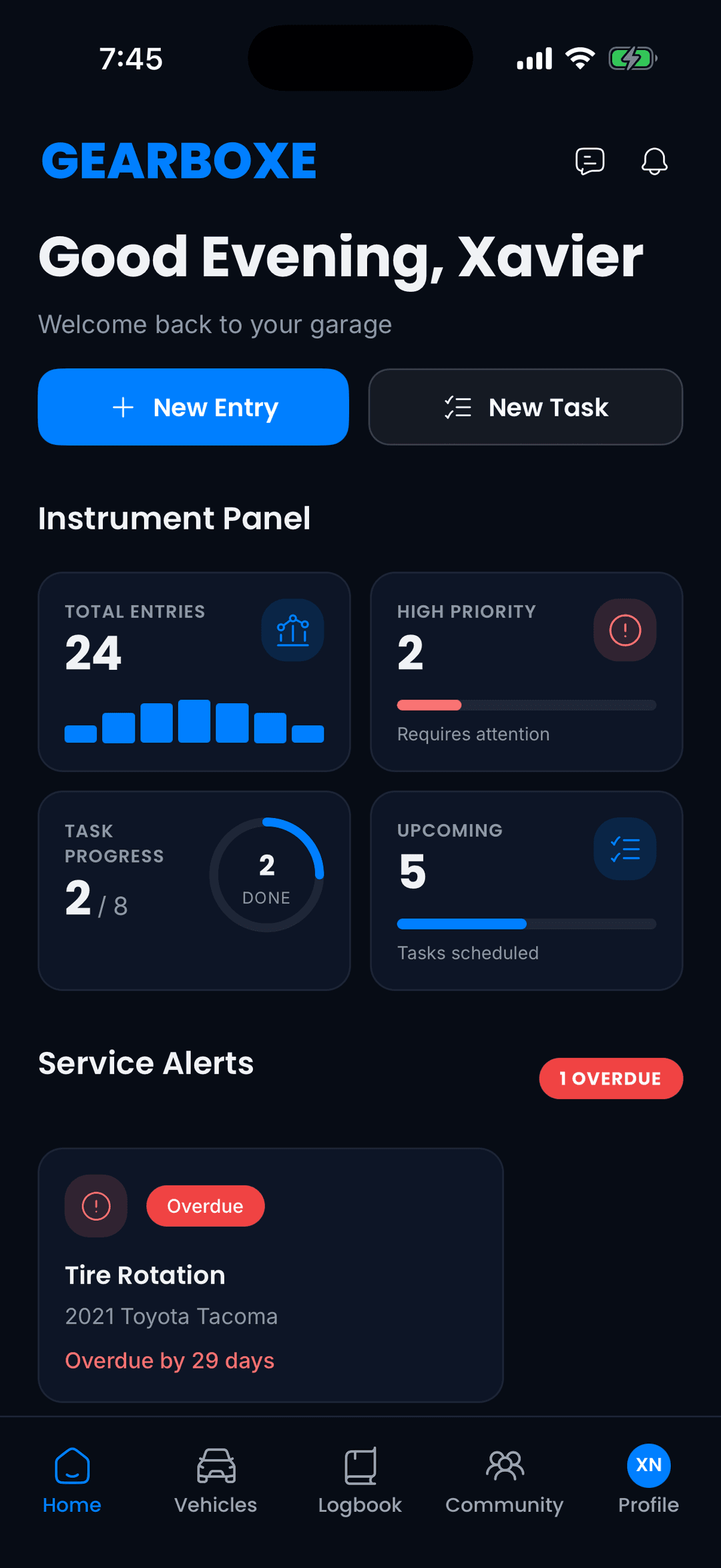 Gearboxe mobile app showing vehicle maintenance tracking